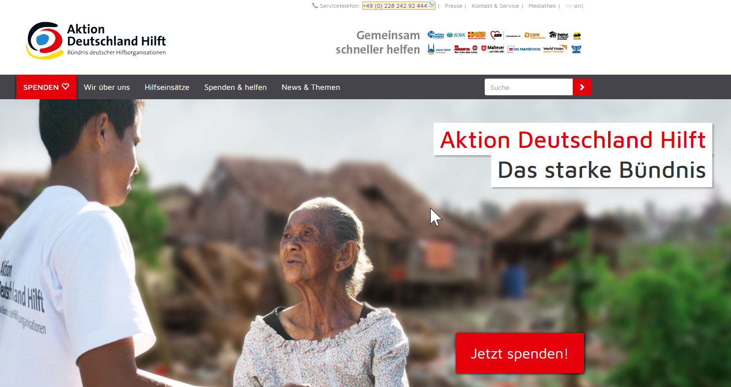 Aktion Deutschland Hilft setzt auf einen auffälligen, knallroten Spendenbutton…