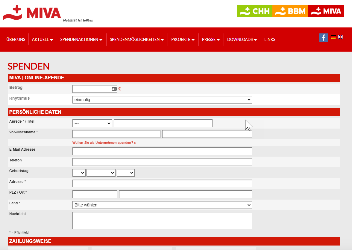 Einheitliches Design der Spendenformulare hilft für den Wiedererkennungswert - wie bei Miva Austria