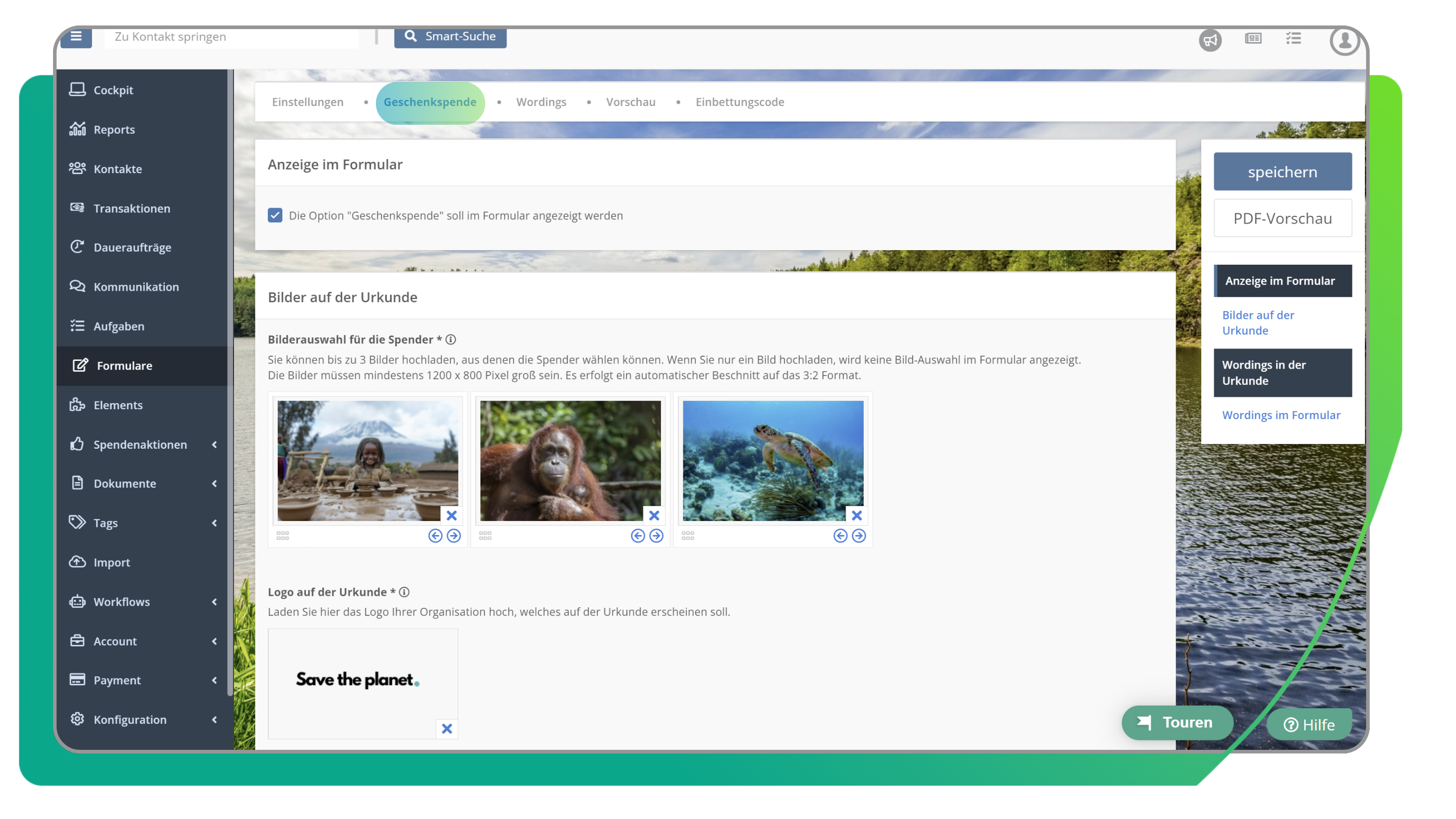 Geschenkspende Einstellungen im Formular