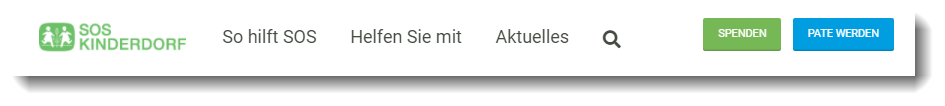 SOS Kinderdorf hat beide Spendenbuttons direkt und auffällig im Website-Menü.