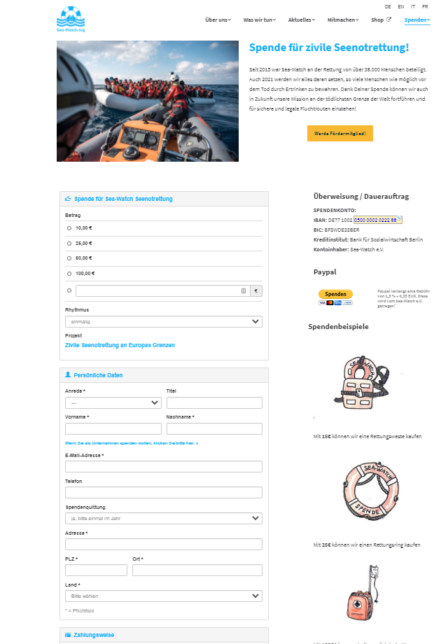 Screenshot Sea Watch Spendenformular