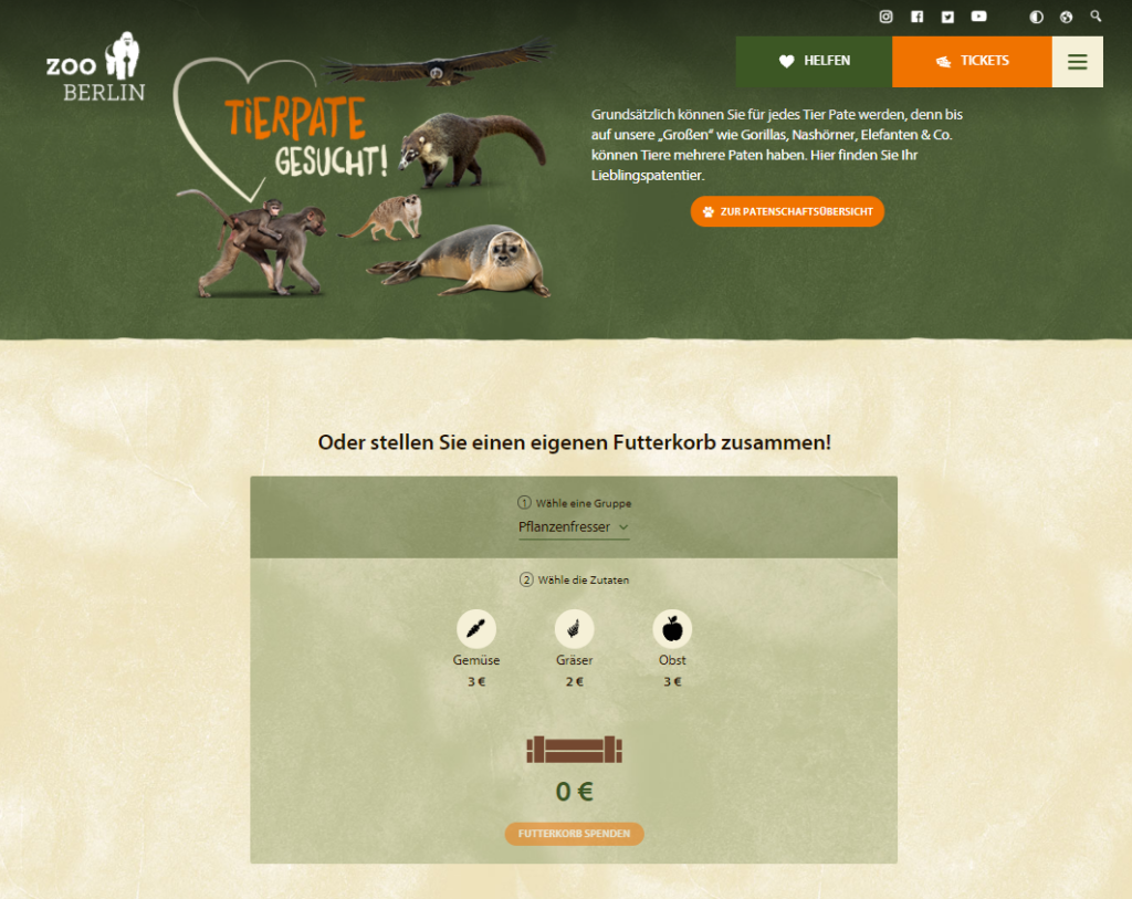 Screenshot Online Futterkorb spenden des Zoos Berlin
