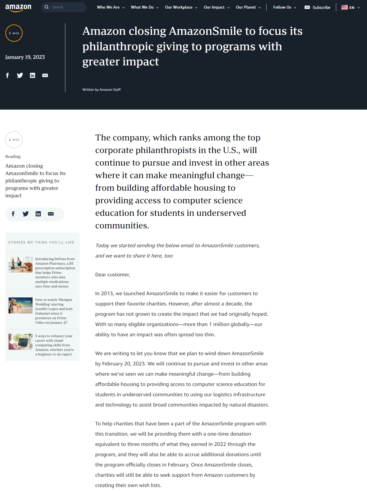 Screenshot des Artikels von Amazon zur Beendigung des Amazon Smile Charity Shopping Programms