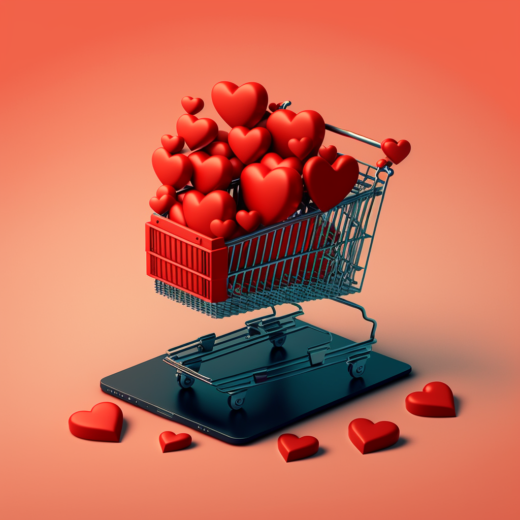 Grafik eines Einkaufswagens, der mit Herzen gefüllt ist und auf einem Tablet steht.