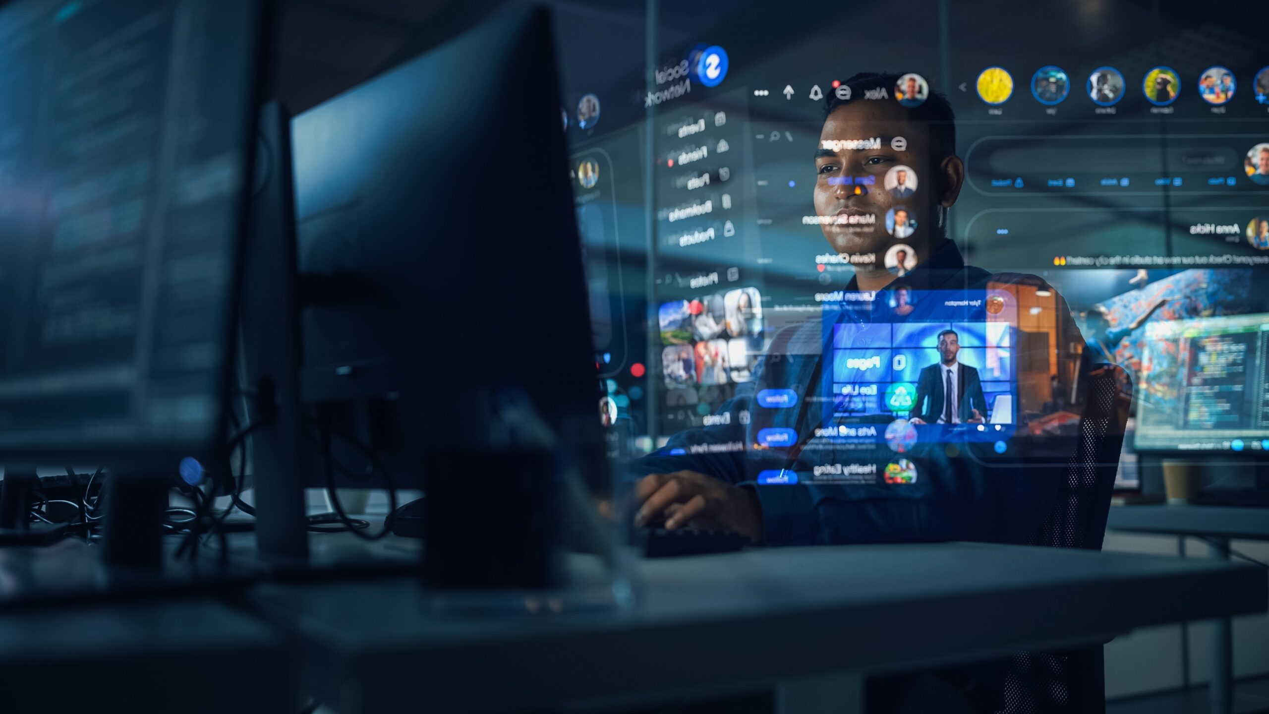 Ein Mann sitzt vor einem Computer. Davor zeigt ein Hologramm seinen Bildschirminhalt