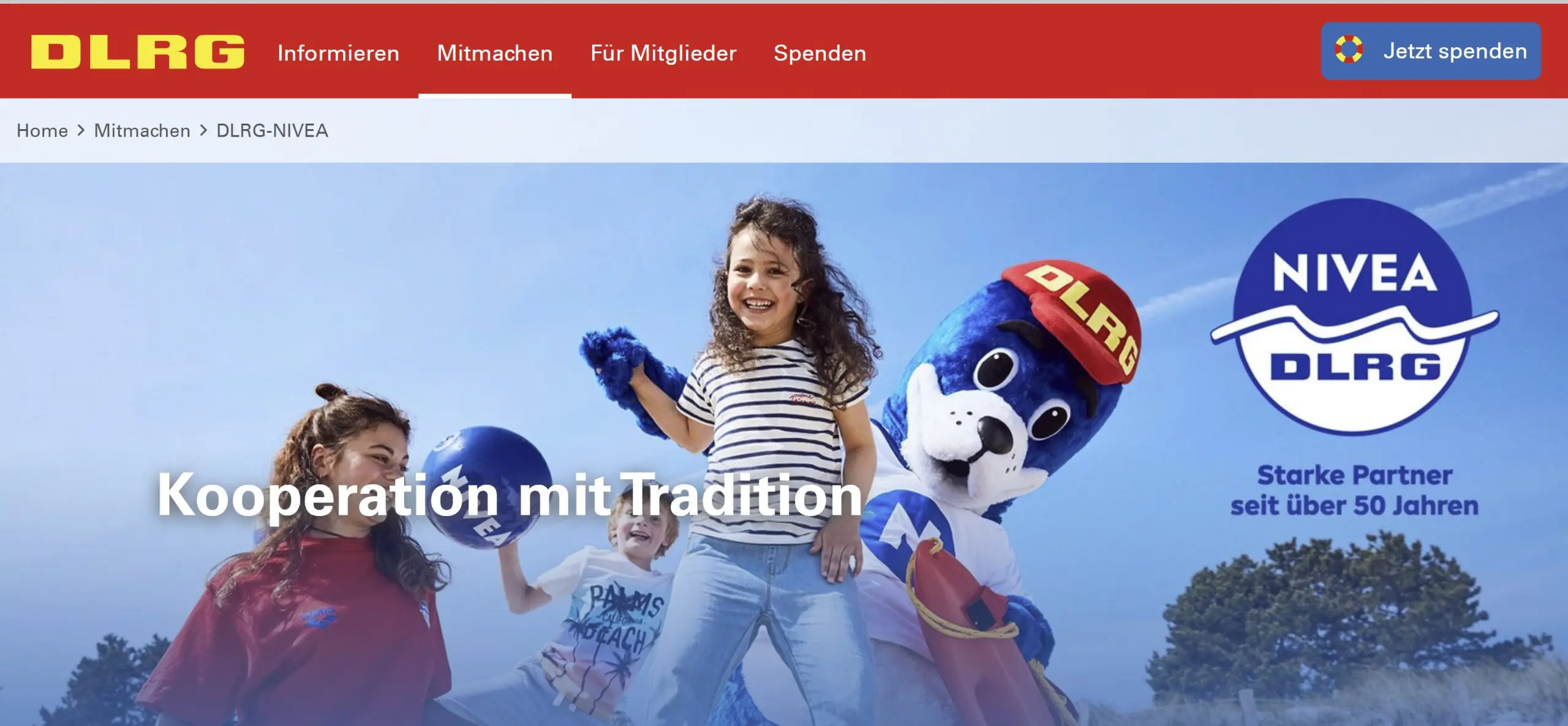 Website der DLRG für die Kooperation mit Nivea