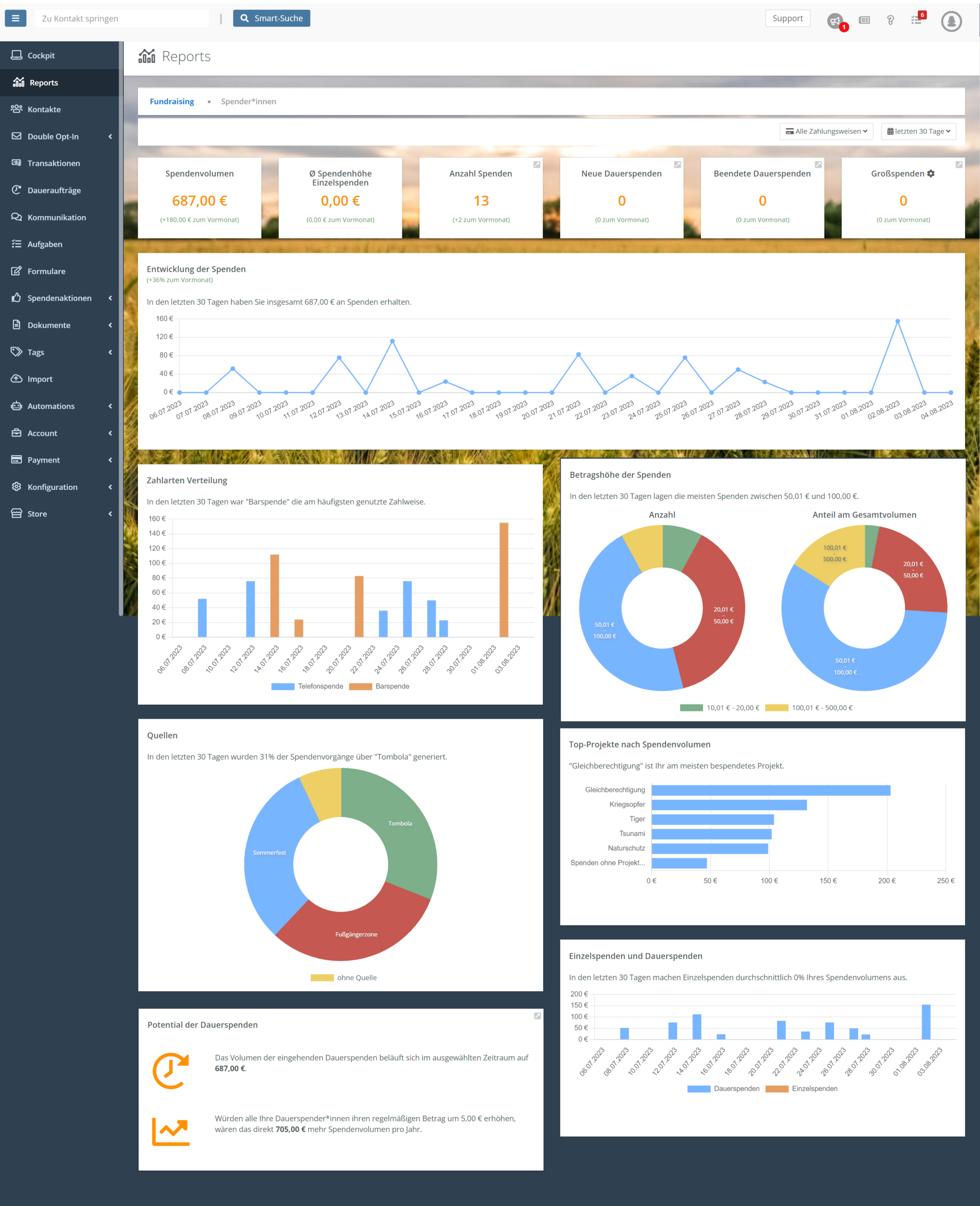 Unter Reports im FundraisingBox CRM erhältst Du für Deine Non-Profit wichtige KPIs und kannst so beispielweise zielgerichteter Kampagnen aussteuern.