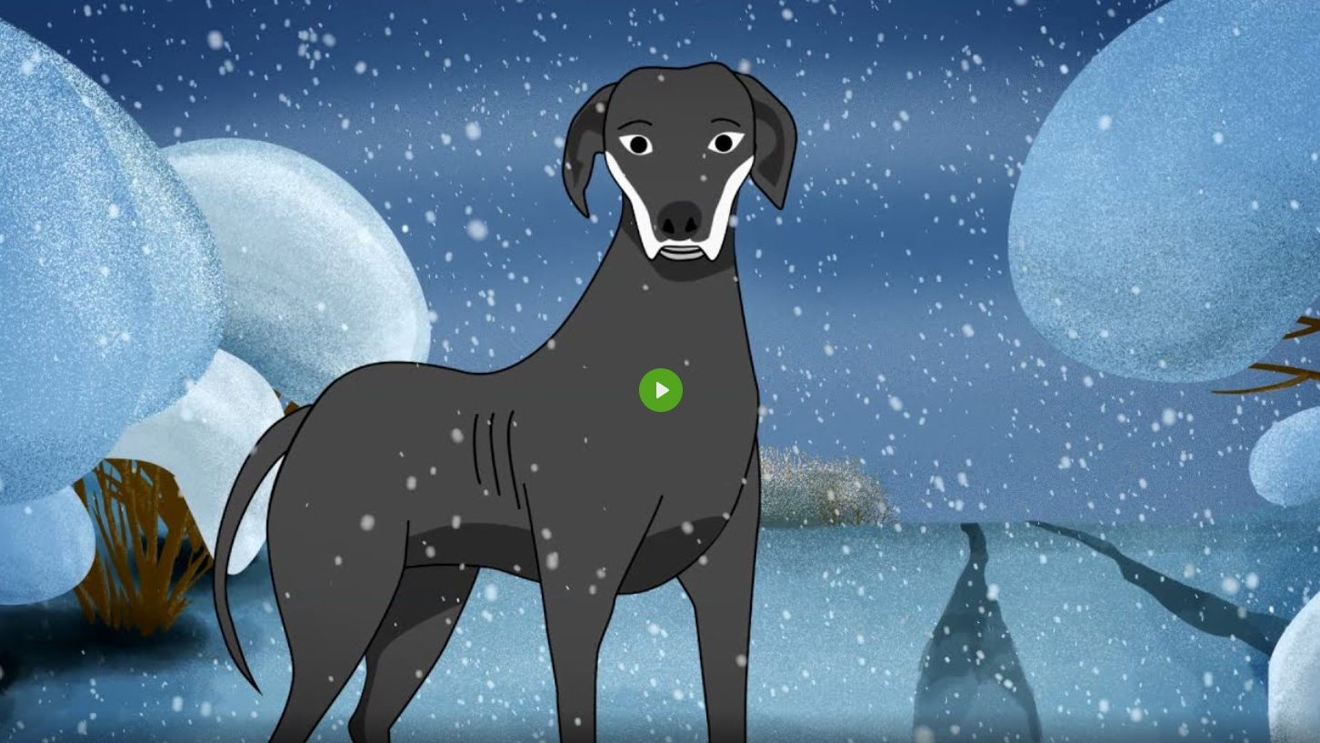 Hund als Comic gezeichnet blickt in verschneiter Landschaft in die Kamera