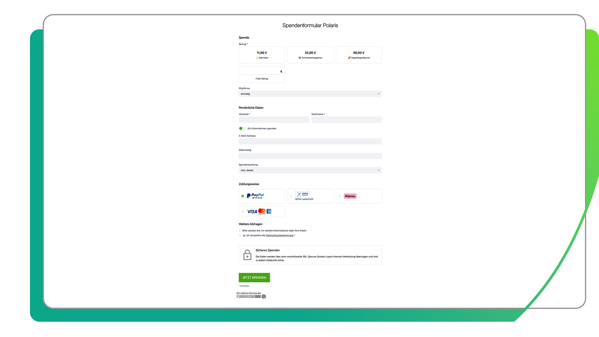 FundraisingBox Spendenformular Polaris mit Betragsvorschlägen