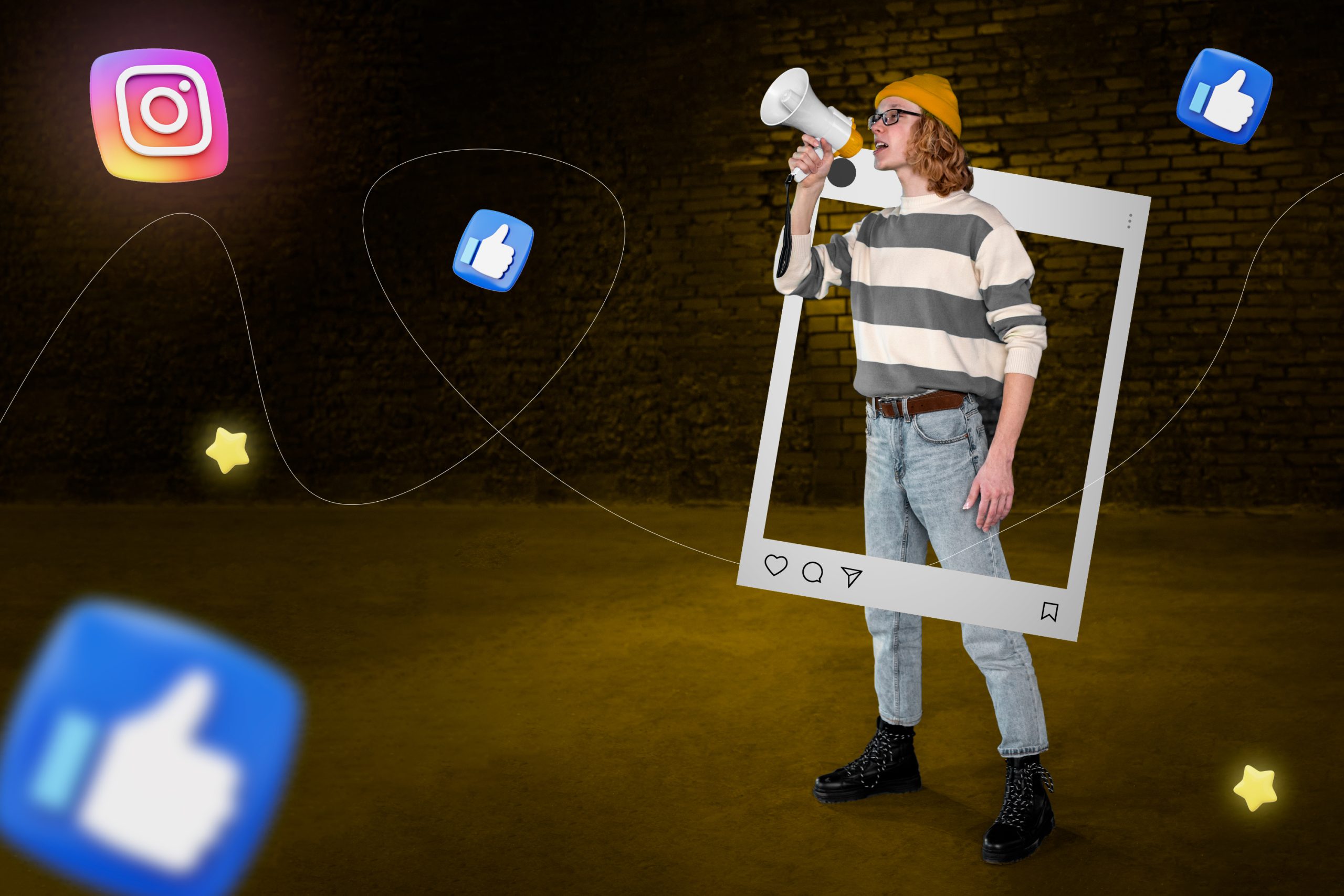 Frau mit Megaphone steht in einem Social Media Frame und Social Media Symbole schweben um sie herum.