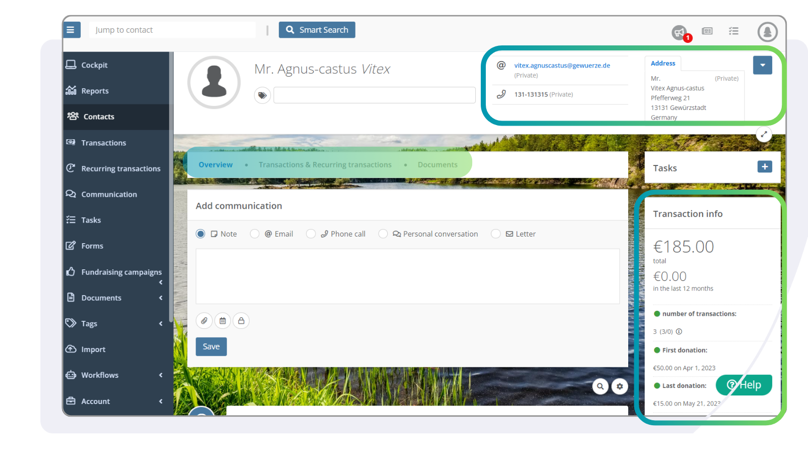 Contakt Overview in Detail in the FundraisingBox CRM