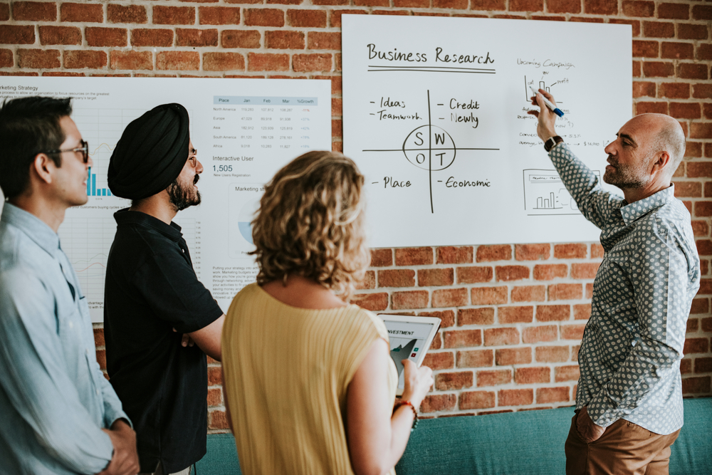 Menschen stehen vor einem Chart und machen eine SWOT-Analyse