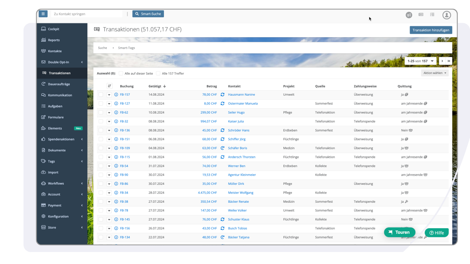Beispiel, wie die Transaktionen in der FundraisingBox ausschauen. Sortiert und übersichtlich