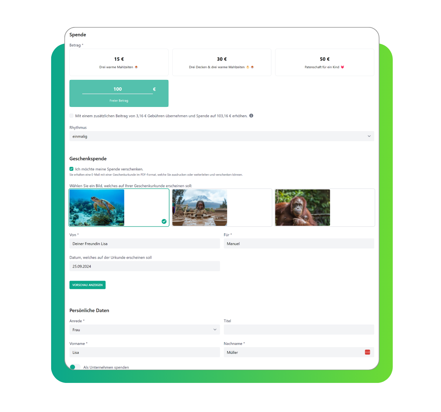 Geschenkspende Formular Ansicht