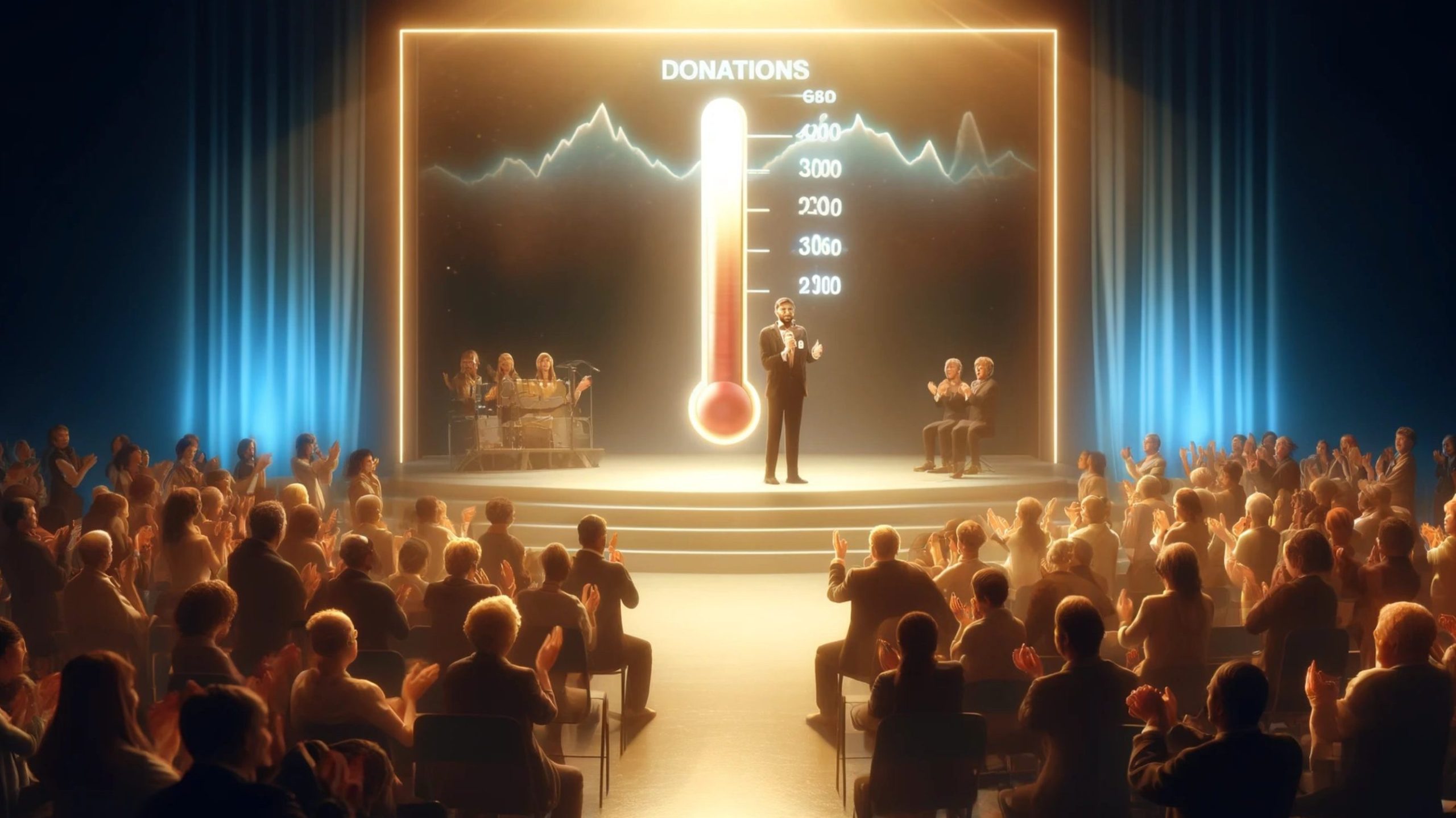 A man stands on a stage in front of a clapping audience and shows the number of donations