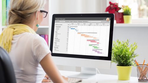 Frau vor einem Computer mit Gantt-Chart für Social Media Kampagne