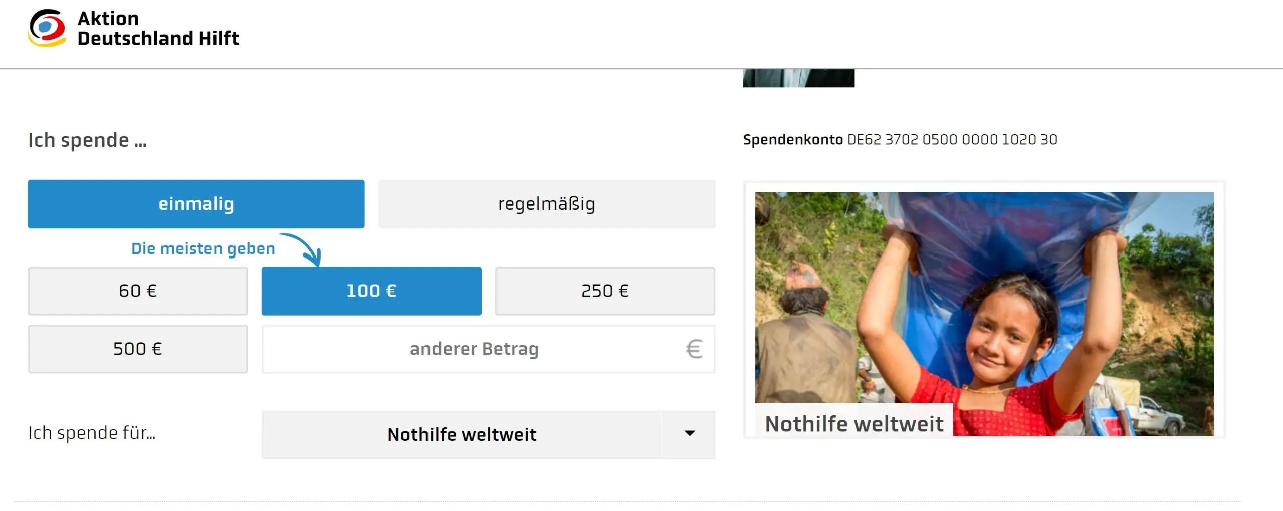 Spendenformular von Aktion Deutschland Hilft mit Social Proof 