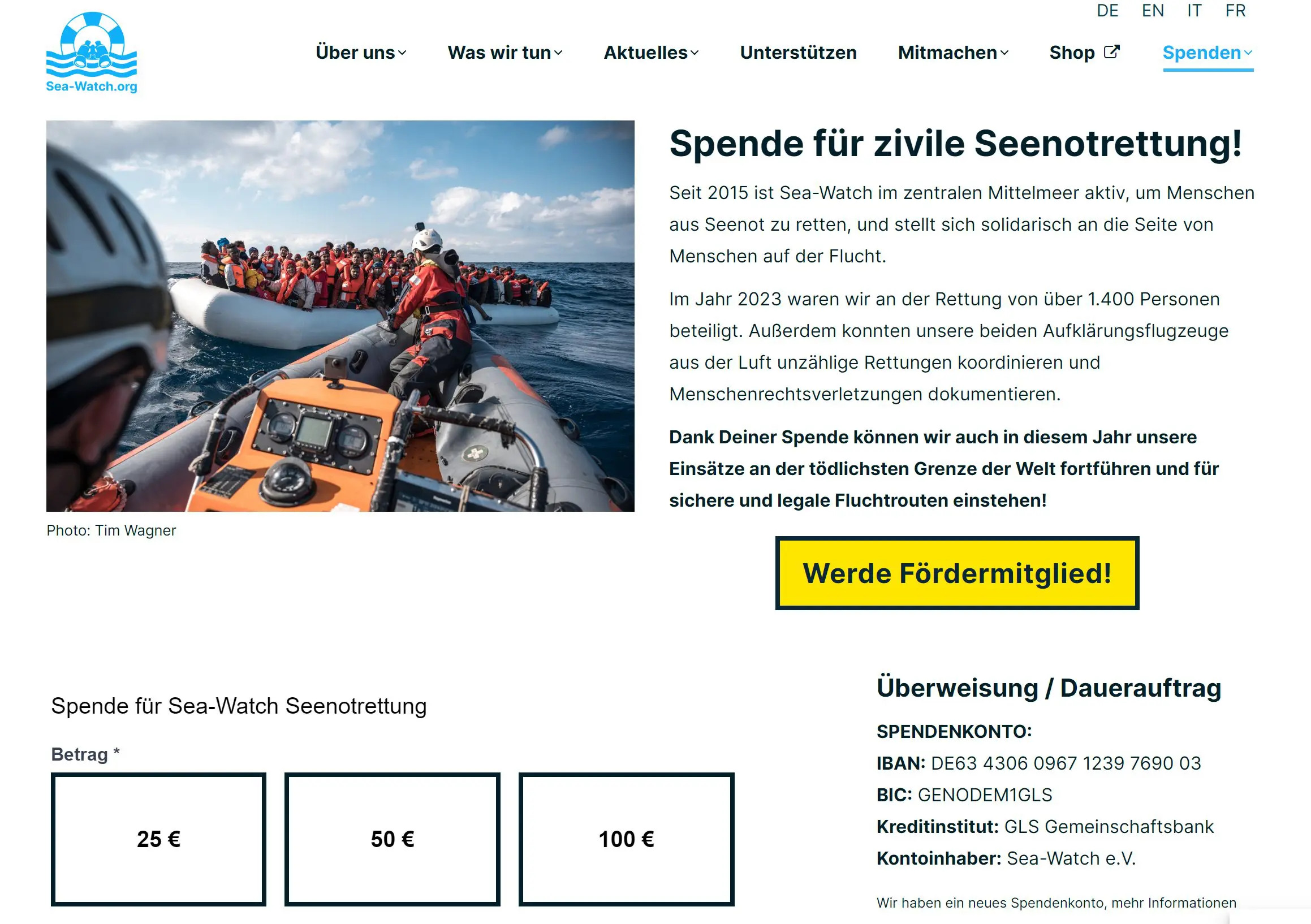 Das Spendenformular von Sea Watch e. V. mit drei voreingestellten Spendenbeträgen