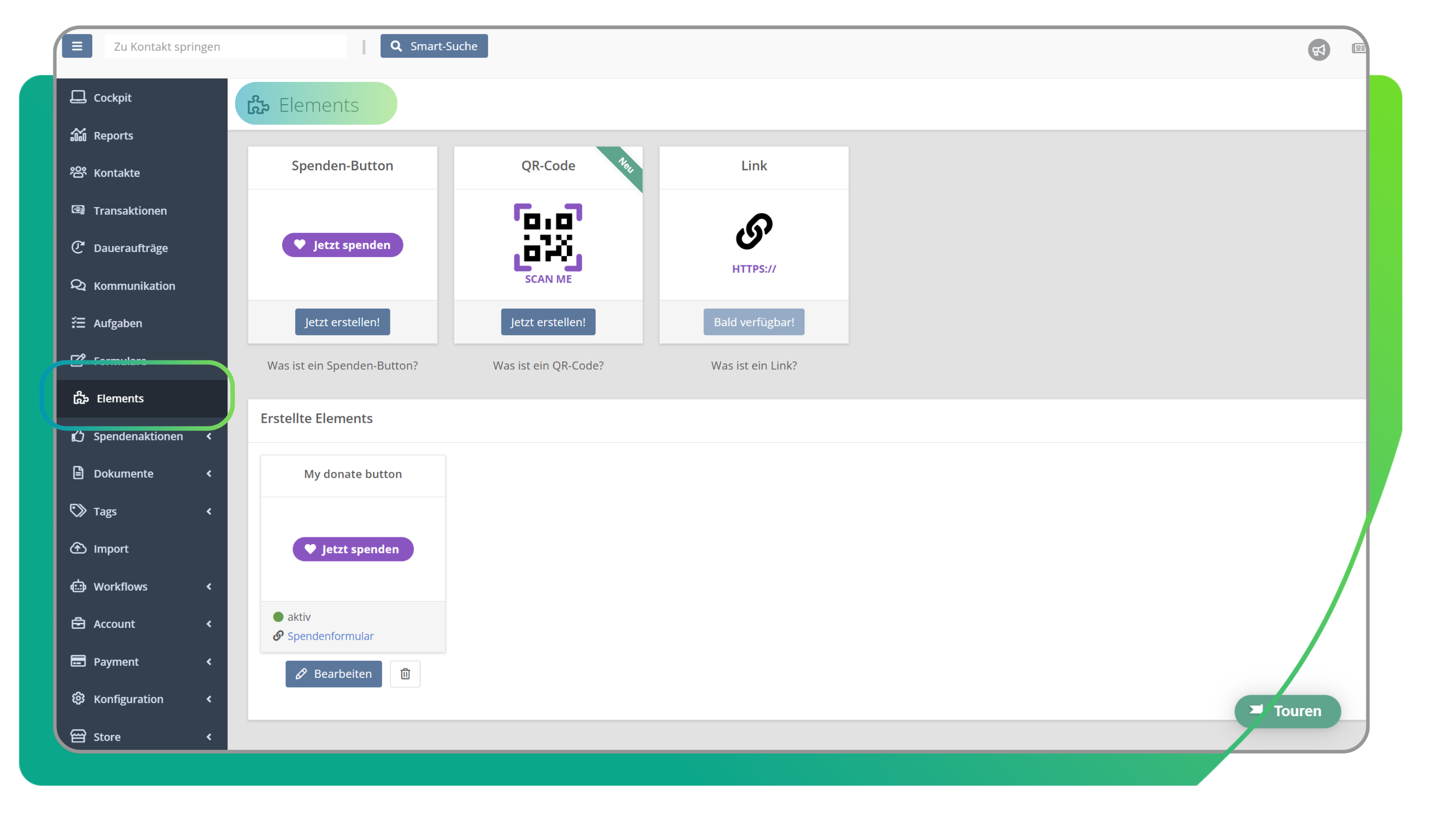 Elements in der FundraisingBox Übersicht