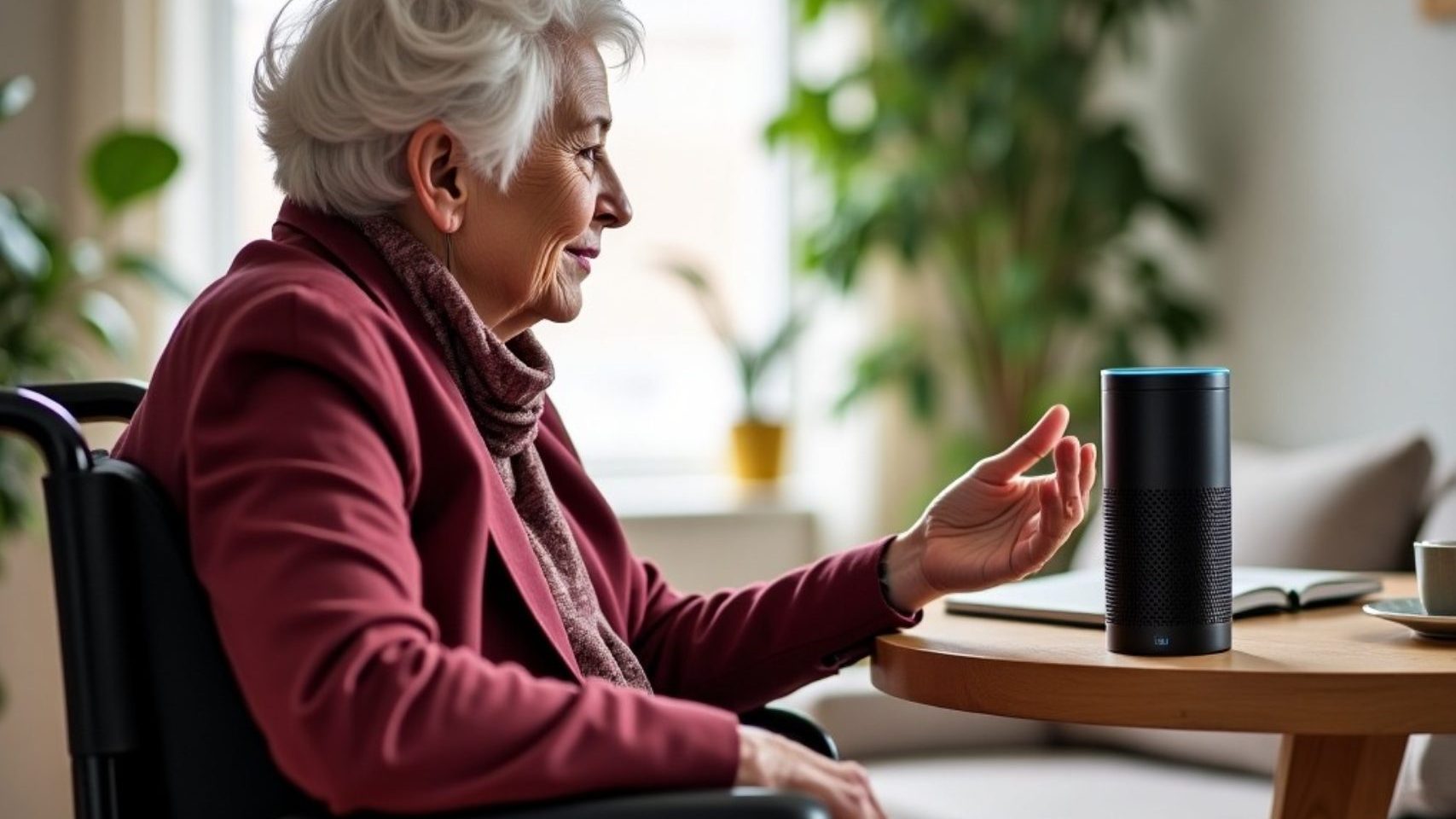 Eine Seniorin im Rollstuhl, die mit Amazon Alexa spricht. #createdbyAI