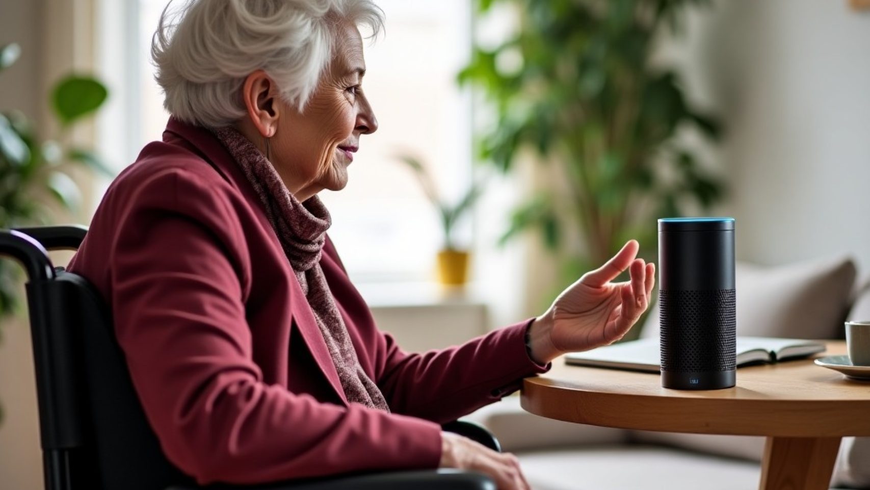 Eine Seniorin im Rollstuhl, die mit Amazon Alexa spricht. #createdbyAI