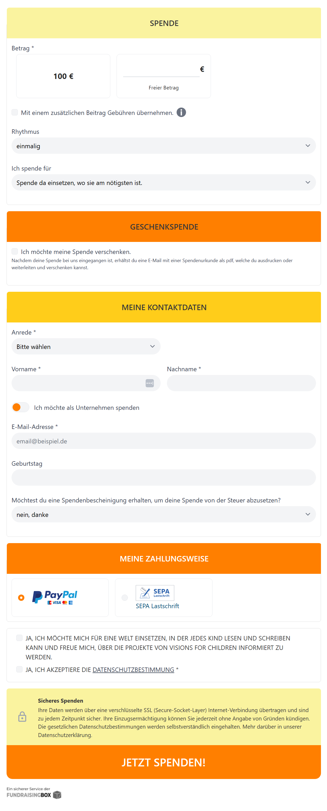 Spendenformular Visions for Children