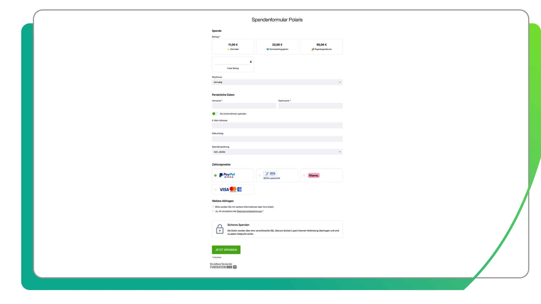 FundraisingBox Spendenformular Polaris mit Betragsvorschlägen