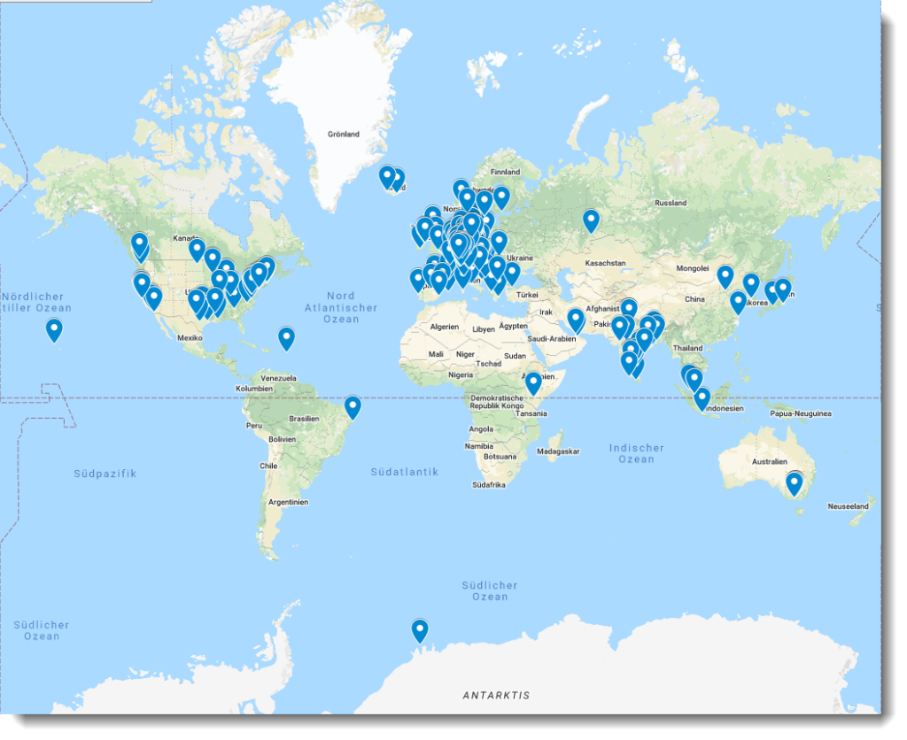 Eine Weltkarte mit Markierungen, die die weltweiten Läufer anzeigen