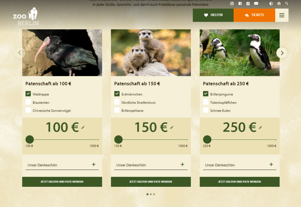 Screenshot der Online-Patenschaften des Zoos Berlin