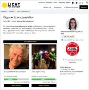 Screenshot einer Spendenaktion von Licht für die Welt
