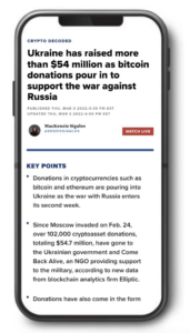 Screenshot in Smartphone von einem Artikel über die Ukraine und Krypto