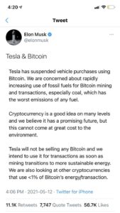 Screenshot des Tweets von Elon Musk zum Energieverbrauch von Bitcoin