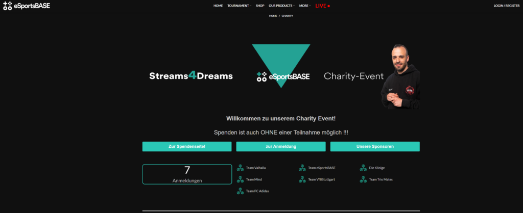 Screenshot der Landingpage des Charity Events Streams4Dreams