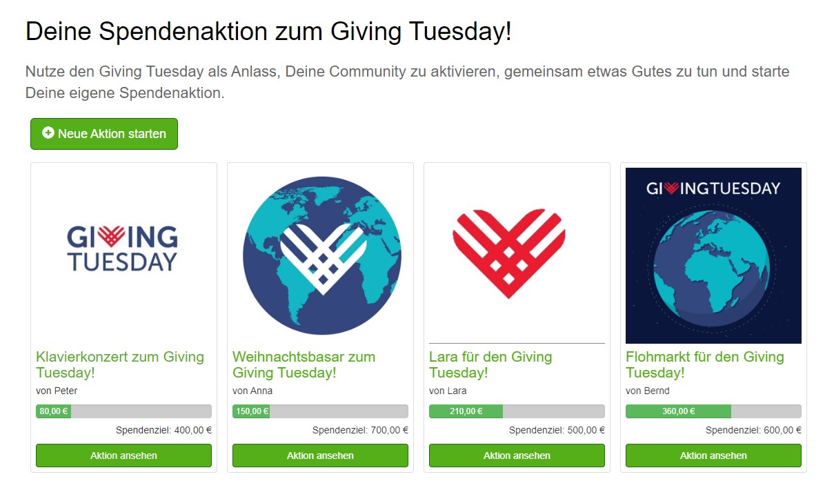 Spendenaktionstool befüllt mit drei Spendenaktionen zum Giving Tuesday