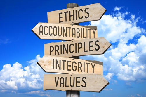 Holzschilder mit den Worten Ethics, Accountability, Principles, Integrity und Values vor einem bewölkten Himmel